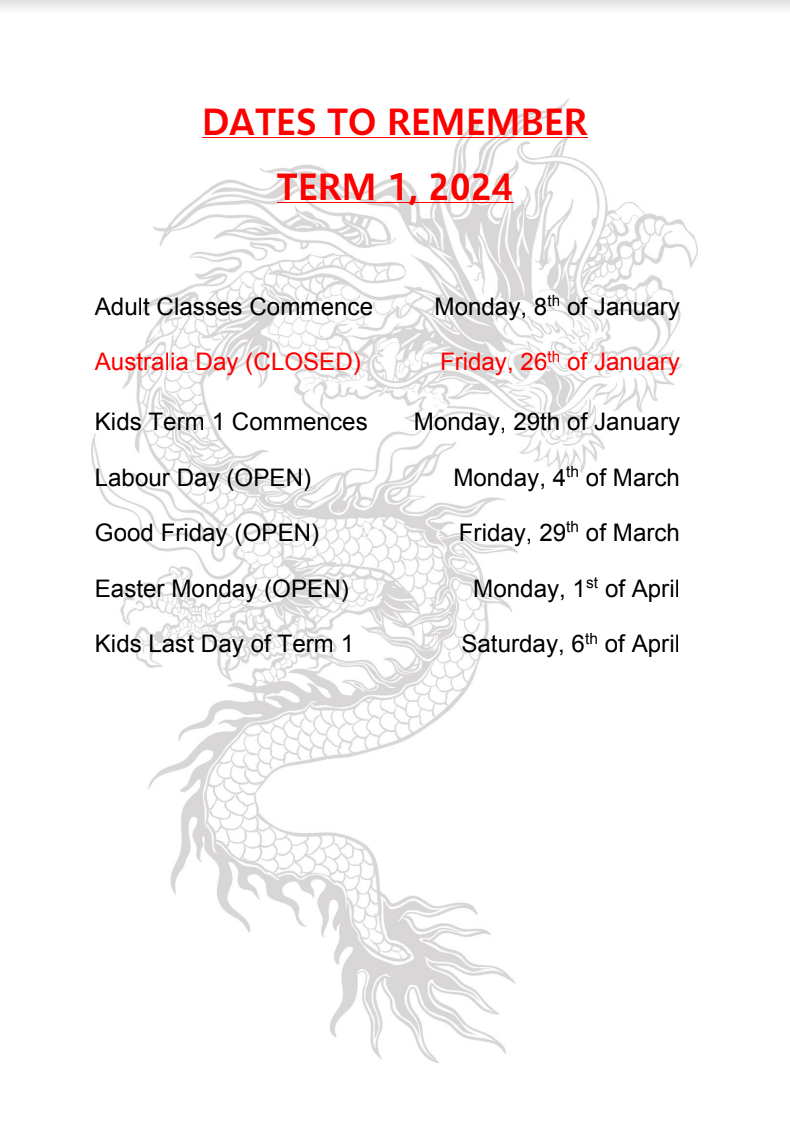 Term 1, 2024 Dates to Remember Kalamunda Kickboxing & Martial Arts